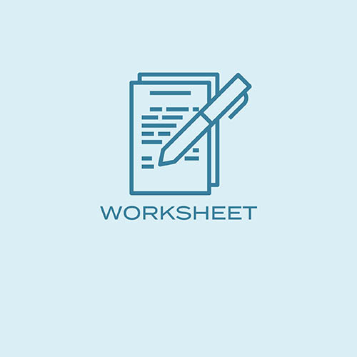 blue icon with stacked worksheets and pen