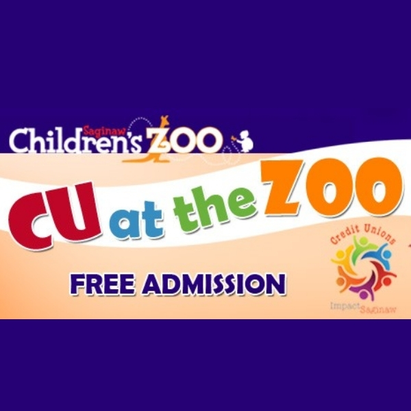 Text that reads Saginaw Children's Zoo. CU at the Zoo. Free Admission