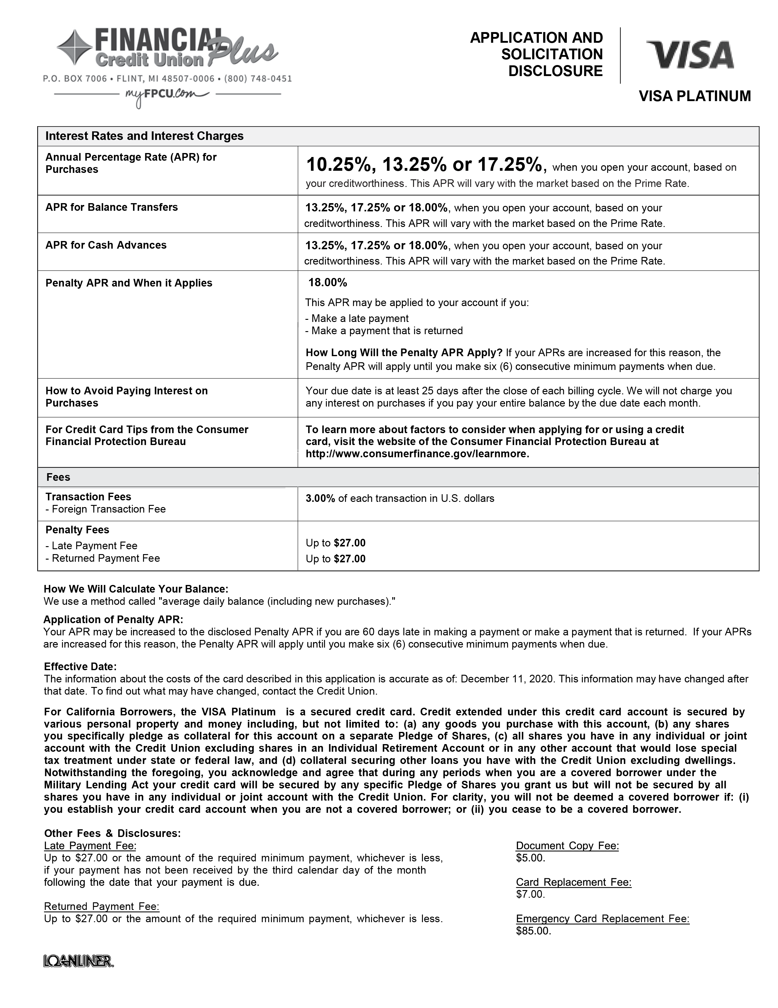 Image of Application and Solicitation Disclosure for a Visa Platinum